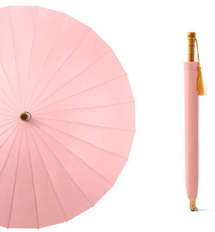 Winddichter Stockschirm mit 24 Fiberglas-Rippen und Retro-Holzgriff, großer Regenschirm für Damen und Herren, Rosa