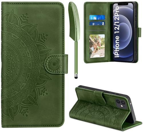 Handyhülle für iPhone 12/12 Pro, Hülle für iPhone 12 Pro / iPhone 12 Lederhülle Flip PU Leder Tasche Case Kartenfach Magnet Ständer Klapphülle Schutzhülle für iPhone iPhone 12/12 Pro 6.1, Grasgrün