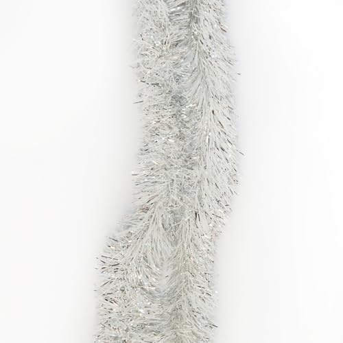 Trimming Shop Guirlande de Noël argentée et blanche de 2 m, guirlande de sapin de Noël brillante métallique fine torsadée pour fête festive, célébration de vacances, décorations à suspendre intérieur