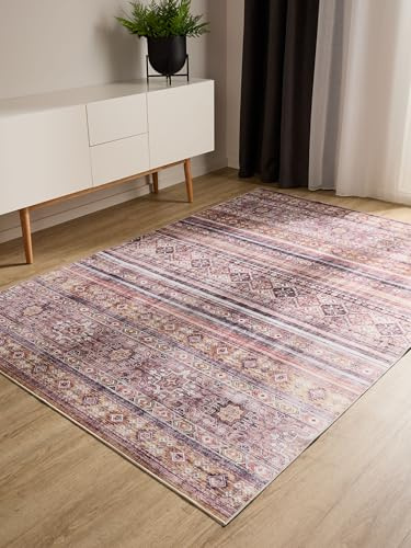 benuta Basic Waschbarer Teppich George - Multicolor/Pink 200x300 cm - Kunstfaser - Rechteckig & im Style: Vintage, Elegant, Retro - Pflegeleicht für Wohnzimmer Schlafzimmer