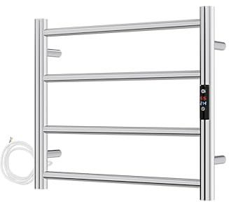 AQUAWORLD Stainless Steel 304 Electric Towel Warmer Heated Towel Rail with Built-in Timer for Bathroom Wall Mounted Bath Towel Heater Hardwired Electric Heated Towel Rack Polished Chrome 520mm x 600mm