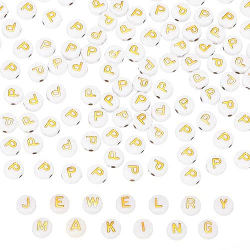 PATIKIL Perline Alfabeto, 100Pz Perline con Lettere Dorate, Ciondoli Acrilico per Braccialetti Amicizia, Creazione Gioielli, 4x7mm, Lettera P