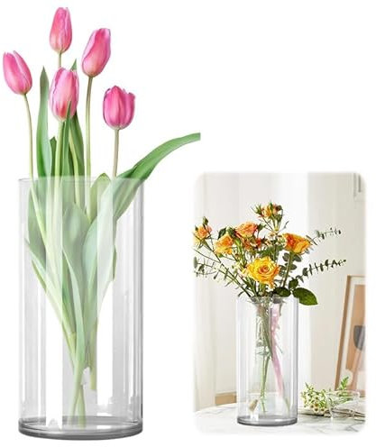 RANJIMA Glas Blumenvase, 25 cm Hoch Vase Glas Zylindervasen Glasvase Vase Groß Rund Modern Glaszylinder mit Boden Glasvasen Gross für Tischdeko Sunflower Wohnzimmer Dekoration,12 cm