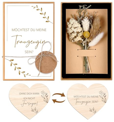 Hestya Trauzeugin Fragen Geschenk Set Maid of Honor Proposal Box, Gold Stil | Möchtest Du Meine Trauzeugin Sein Karte mit Trockenblumen und Holzherz, Trauzeugin Geschenk, Brautjungfer Fragen Geschenk
