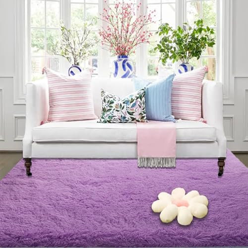 CUIMEI Flauschiger Teppich 95 x 260 cm, Anti-Rutsch Unterseite, Waschbar Bis 30 Grad, Super Soft, Felloptik, Einfache Reinigung, rutschfest Fellteppich Flauschig, Lila