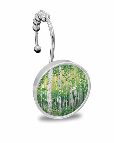Shower Curtain Hooks Set of 12, Green Oil Painting, Forest Trees Art Plants Crystal Glass Showers Curtains Rings, Bathroom Decorative Rod Stainless Steel Rust Proof Roller Hangers Hook