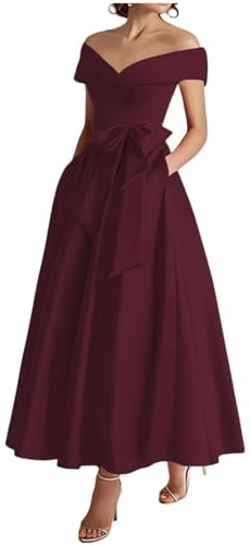 KURFACE Vestido de fiesta de satén con hombros descubiertos para mujer, longitud del té, vestido formal de noche para madre de la novia, granate, 48 Grande