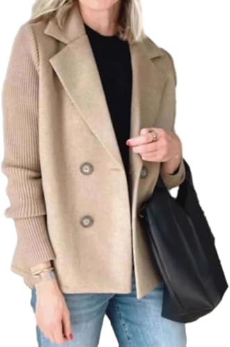 Suncadmious Giacca Casual da Donna Primaverile con Risvolto e Bottoni in Maglia con Maniche Patchwork Cravatta da Lavoro Blazer Casual in Tweed Doppiopetto (Kaki,L)