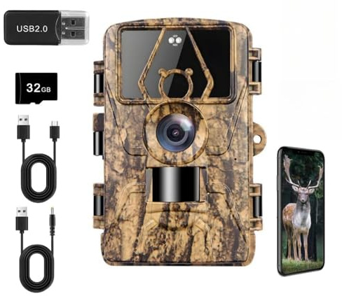 Caméra pour animaux sauvages avec vidéo 8K, 60 MP Full HD, WiFi et application de transmission de téléphone portable, capteur de mouvement, vision nocturne, temps de déclenchement de 0,1 s, caméra