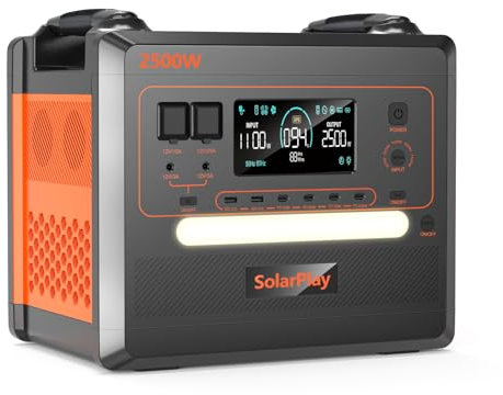SOLARPLAY Centrale Elettrica Portatile Q2402M, 2300Wh LiFePO4 Batteria, 2500W (5000W Picco) AC Uscita, per Camping Car, Strada, Emergenza Elettricità per Campeggio, Fuori Rete,Generatore Solare