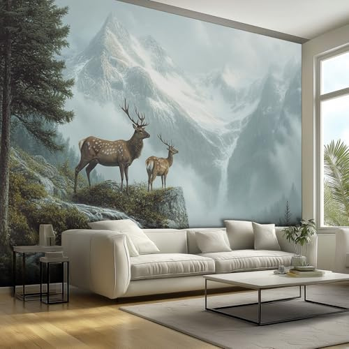 Tapete 3D Fototapete Hirsch Berge Rustikal Wildtiere Wald 400 x 280 cm Vliestapete Wandbild Fototapeten, Vlies Tapeten Wandtapete Schlafzimmer, Wohnzimmer, TV Hintergrund Wand Moderne Wanddeko