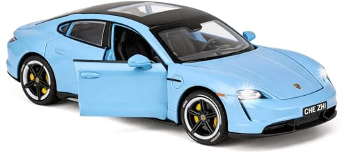 BGHSCA Porsche Taycan Modellauto im Maßstab 1:32, Spielzeugfahrzeug aus Zinklegierung mit Rückzugmechanismus, Sound und Licht, für Kinder ab 3 Jahren, Geschenk (blau)