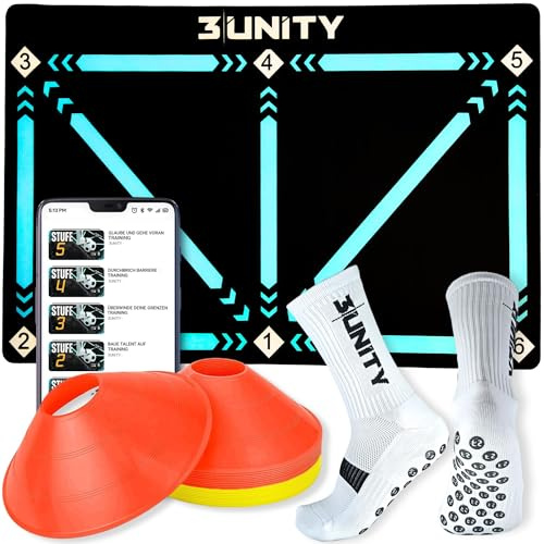 3|UNITY Fußball Trainingsset Mit Fussball Matte 60x90 cm, 8 Hütchen Fussball Und Rutschfesten Fussballsocken (Grip Socks - Football Socks) Fussballmatte Training Kinder - kickmatte - fußballmatte