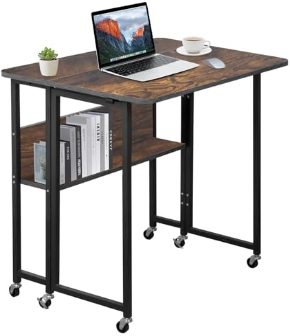 FeheriFurn Klapptisch klein, Schreibtisch klappbar 80cm, Computertisch mit Rollen, faltbar platzsparend, mit Ablage, Kleiner Tisch Home Office, Klapptisch Büro, Braun