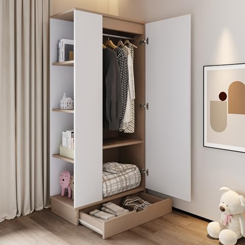 Lumivortex Kleiderschrank Klein, Kleiderschrank Weiß Eintürige Ausführung, Mehrzweckschrank mit Einlegeböden und Schubladen, Schmaler Schrank, 70x40x170cm (Weiß)