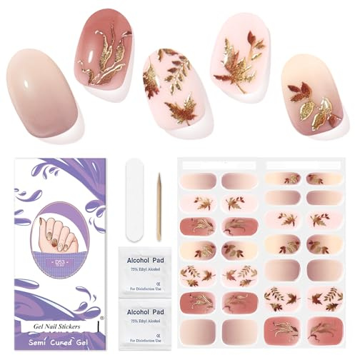 Autocollant Ongle Gel UV - 28pcs Vernis Autocollant Ongles D'Automne Gel Nail Stickers Auto-adhésifs Qualité Salon Longue Durée Pour Femmes Filles Nail Designs（Feuille d'érable）