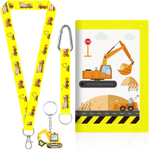 HYZMSZA Escavatore da Cantiere Portafoglio Ragazzo con Moschettone, 2 Cordino e Portachiavi, Portafoglio Bambino Pieghevole Multifunzione Scomparti, Portafogli per Bambini Adolescente Regalo