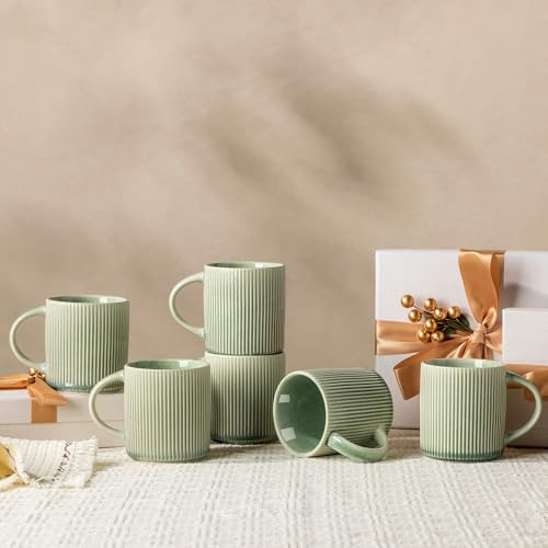 GBhome Steingut Kaffeetassen 6 Pers. 350 ml, Kaffeetassen mit großem Henkel für Latte, Cappuccino, Milch, Kakao, spülmaschinen- und mikrowellengeeignet, Ruhiges Grün