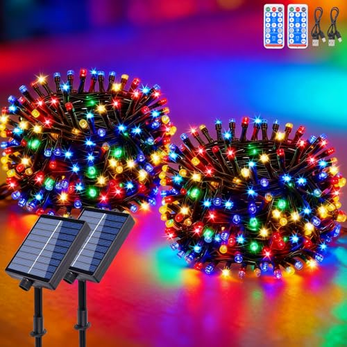 ZCLIKEU 2 Stück Lichterkette Außen Solar 20m 200LEDs Bunt, 8 Modi Wasserdicht Solar Lichterkette Aussen mit Timer Fernbedienung & USB für GartendekoTerassen Hochzeiten Ramadandeko