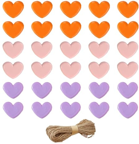 VINZOR 30 Pinzas para Fotos con Forma de Corazón y 10 Metros de Cuerda de Yute, para Decorar Paredes, Manualidades DIY, Postales y Como Regalo Original y Creativo (Púrpura, Rosa, Naranja)