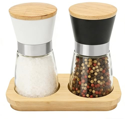 MospdyGear snyggt set med salt och pepparkvarn, 2 eleganta träkvarnar med justerbar keramisk mekanism, inklusive påfyllningsbar design och användarvänlig tratt