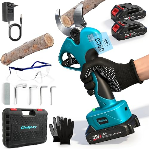 Cheffery Tijeras de Podar Bateria, 60mm Tijeras de Podar Eléctricas con Motor Sin Escobillas 800W Hojas de Acero SK5 Pantalla LCD, Podadora Electrica para Huertos, Jardines y Granjas (Con Batería)