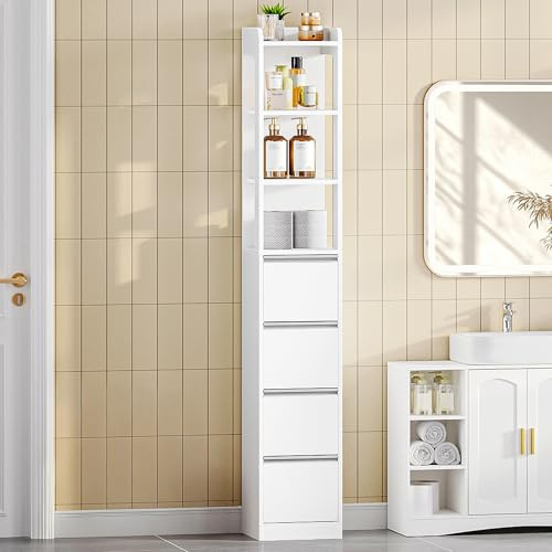 HEXCELEN 185 cm Badezimmerschran mit 4 Schubladen und 3 Offenen Regalen | Badezimmermöbel, 30 x 30 x 185 cm, für Badezimmer, Wohnzimmer, Küchen, Modern, Weiß