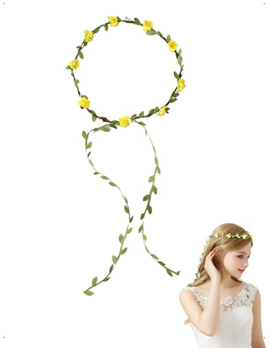 KONFEN Coroncine Floreali per Capelli, Corona di Fiori Fascia per Donne Ragazze, Ghirlanda Floreale Fiore Rose Fior Cerchietto Accessorio Taglia Regolabili Matrimoni Feste Spiaggia Compleanno Giallo