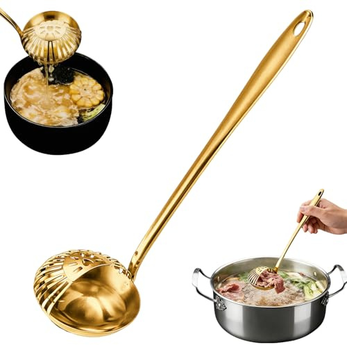 Upgrade Stainless Steel Strainer Ladle, 2 in 1 Soup Strainer Separates Liquids, Hot Pot Dual Purpose Colander Soup Ladle for Cooking and Straining (gold, 2 Pack)