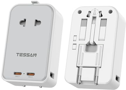 TESSAN Adaptateur Prise Universelle PD 45W, Adaptateur Voyage avec 2 USB C | Adaptateur Universel de Voyage avec 4 USB, Prise Universelle Voyage pour France USA Anglaise Australie Japon Chine, Gris