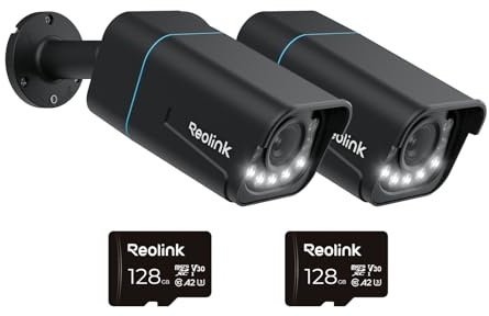 Reolink 4K Smarte PoE IP Kamera Outdoor mit Personen-/Autoerkennung, 5X optischer Zoom Überwachungskamera Aussen, Farbige Nachtsicht, Zwei-Wege-Audio, RLC-811A Schwarz*2 mit 2x128GB microSD Karten