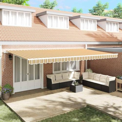 ACAGALA Tenda da sole elettrica con braccio articolato, 6 x 3 m, tenda da sole automatica con telecomando e manovella, protezione solare per terrazza, balcone, giardino, giallo, grigio e bianco