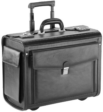 Cuir Valise de Pilote avec Chariot Rouleaux Étui pour PC Portable Jusqu'à 15  Cuir Vachette Noir