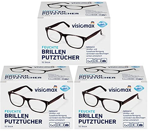 Brillen Putztücher - Feucht und fettlösend für eine streifenfreie Reinigung - 156 Stück - 3er Pack (3 x 52 Stück) - für alle Brillengläser aus Glas und Kunststoff