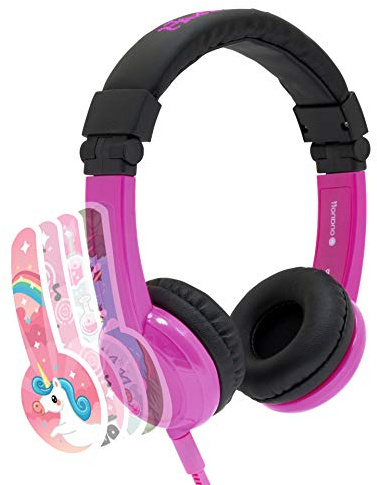 Explore Foldable Volume Limiting Kids Headphones | Built in Headphone Splitter and In Line Mic | For Tablets and Computers | Pink