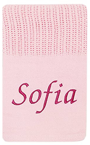 Kids Essentials Baby Girl Boy Personalised Cellular Blanket Embroidered Name Grey Pink Blue (Pink - Cell Blanket)