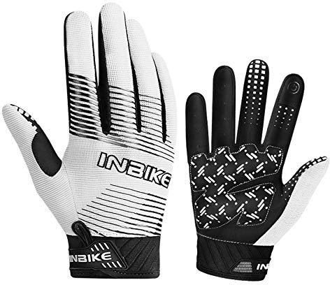 INBIKE Fahrradhandschuhe MTB Handschuhe Laufhandschuhe Atmungsaktiv Touchscreen rutschfest Stoßdämpfende Langfinger für Mountainbike Downhill Radsport Herren Damen,Weiß,L