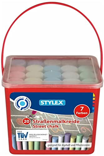 Stylex 48104 Lot de 3 craies de rue dans un seau de 20 craies carrées pour peindre l'asphalte et les pavés en 7 couleurs