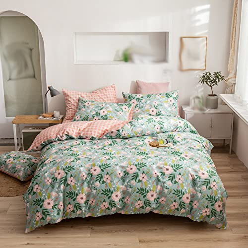 Ensemble de Parure de Lit Floral Doublure À Carreaux Rose Ensemble de Housse de Couette Réversible Ferme Vert Housse de Couette Verte pour Fille Adulte Décor de Chambre Simple Double Ensemble de C