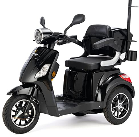 VELECO DRACO - 3-Rad Mobilitätsroller - komplett montiert und fahrbereit - elektromagnetische Bremse - Gehstockhalterung - Getränkehalter - Kofferraum - Dreirad Seniorenmobil (SCHWARZ)