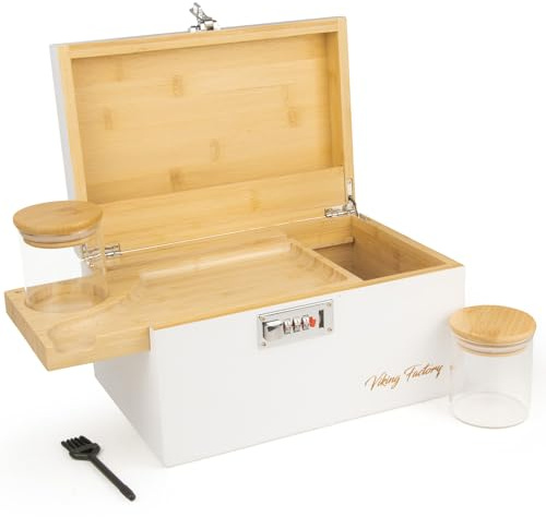 Viking Factory Bamboo Storage Box with Lock & Removable Desktop Tray - Large Decorative Wooden Keepsake Chest for Office & Home - Premium Stationery & Accessory Organizer - White