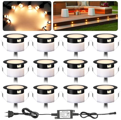 12er Set Warmweiß Bodeneinbaustrahler Aussen LED, Ø31mm | DC12V Mini Spots Deck Light Terrassenbeleuchtung, IP67 Wasserdicht Einbaustrahler für Garten Treppen Holzdeck