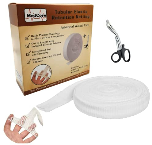 Fix Tubular Net Bandage (Size 4) – 10 Yard Roll Stretches to 25 Yards - Plus Pair of Medical Scissors - Elastic Net Wound Gauze Dressing –Fits Arms, Ankles, Calves, Large Hands and Feet