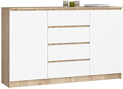 AKORD Kommode K 160 cm | 4 Schubladen und 2 Türen |für Wohnzimmer Schlafzimmer Schrank Wohnzimmer | Modernes Funktionelles Design | Schichtstoffplatte 16 mm | Farbe Sonoma/Weiß
