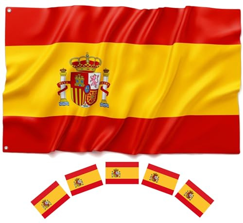 BIORYC® (1 UD) Bandera España Exterior 150x90 cm. Bandera Poliéster Reforzado 110g/m² y 2 Ojales de Metal. Para Balcón, Jardín. Incluye: Pegatinas Bandera de España. Mundial 2026 (SP_1)