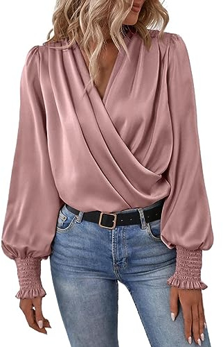 Womens Ladies Dressy Casual Satin Silk Blouses Shirts Elegant Long Sleeve Sexy Deep V-Neck Casual Evening Wrap Tops Flattering Blouses Boho Shirts for Women 2024 Pink