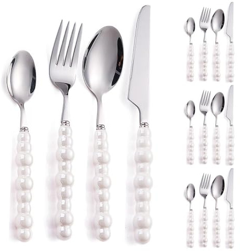 Royal Shang Youpin Perle Poignée en Céramique Cuisine en Acier Inoxydable Argenterie Vaisselle Couverts Ensemble De Couverts Créatif Hôtel Maison Couteau À Steak Cuillère À Dessert (Blanc,16 pièces)