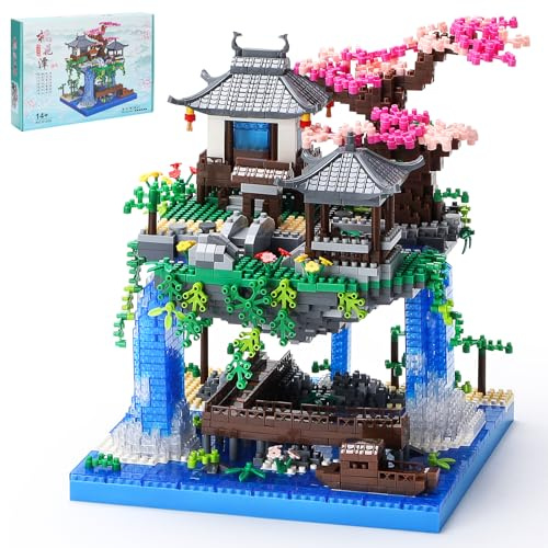 CAXIMSY Cherry Blossom Bonsai Tree House Architecture Building Block Sets Chinese Peach Blossom Pool Micro Mini Treehouse Building Model Toy Gift for Adults 3300 pieces