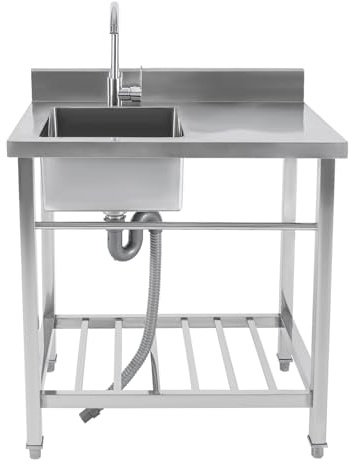 Freistehende Edelstahl Spültisch Gastro 1 Becken (Links), 80×55×92 cm Gewerbliche Spülbecken mit Wasserhahn, Ablassvorrichtung, für Außen, Innen, Küche, Restaurant