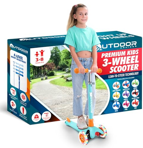 Outdoor Cruiser 3-Wheel Kids Scooter – with Lean-to-Steer Technology, Led Lighted Wheel, 4-Level Adjustable Height T-bar Handle, Support Kids Up to 150 Lbs, for Boys & Girls Ages 3-8, Aqua and Orange